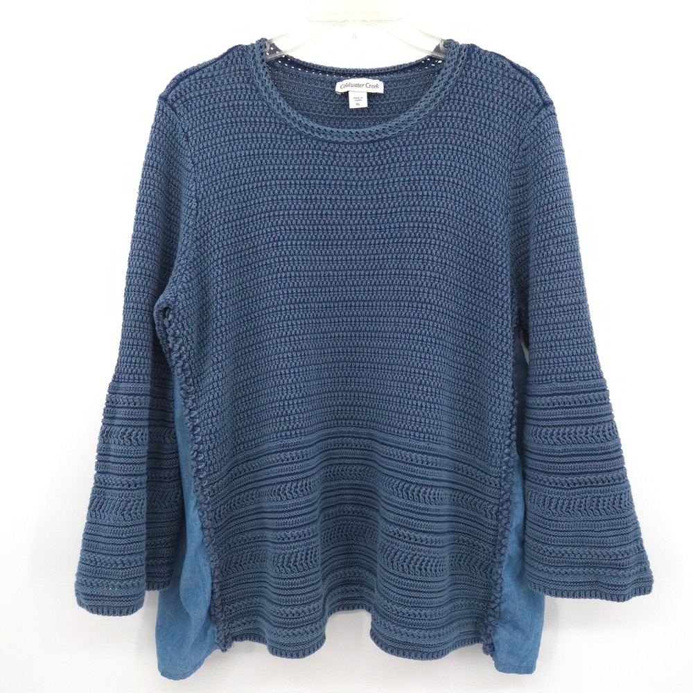 Coldwater Creek Mixed Media Chambray Knit Sweater Women XL Blue Cotton Cottage
